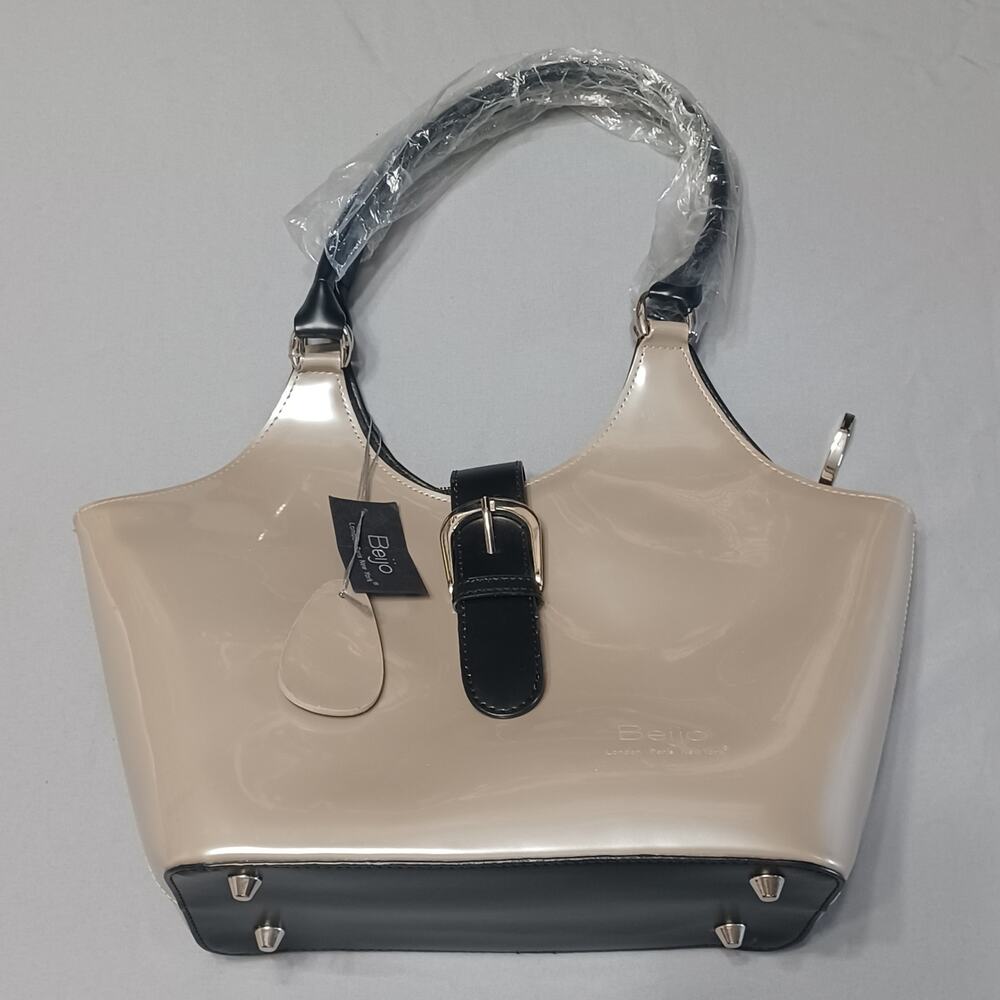 Beijo Pearl Beige Patent Shoulder Bag Black Trim Y2K Buckle Tote